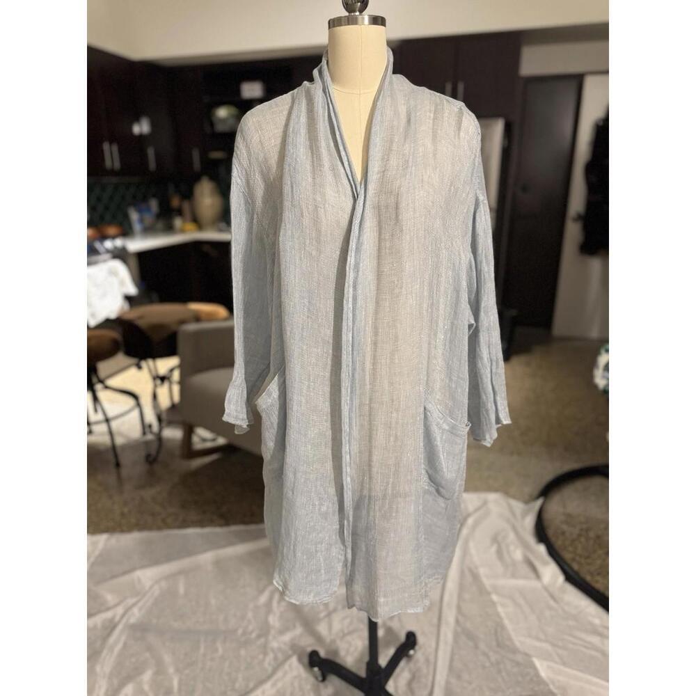 Magaschoni 100% Linen Cardigan Sz L Long Blue Duster Top Vover Up